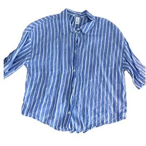HM 100 Linen Striped Button Down Shirt Blue White Short Sleeve M Vacation Luxury